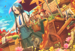 Rule 34 | 1girl, aiuabo, animal, apron, autumn, autumn leaves, basket, belt, bird hair ornament, black feathers, black gloves, black hair, blue nails, blue neckerchief, bottle, breast pocket, brown footwear, brown hat, building, chipmunk, coin, corn, day, feathers, flower, food, fruit, ginkgo leaf, gloves, grapes, hair ornament, hair over one eye, hairclip, hat, hay, highres, holding, holding basket, holding feather, holding paper, leaf, long hair, nail polish, neckerchief, original, outdoors, paintbrush, paper, pink flower, pocket, red eyes, red hat, scarecrow, shirt, sign, skirt, smile, squash, squirrel, sweet potato, vegetable, waist apron, wheelbarrow, white shirt, wine bottle, wooden box, yellow flower