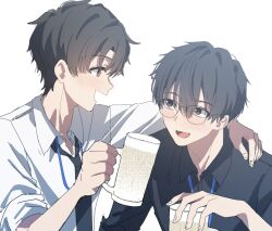 Rule 34 | 2boys, beer mug, black hair, black shirt, blue archive, blue archive the animation, brown eyes, brown hair, collared shirt, commentary request, cup, eye contact, glasses, holding, holding cup, id card, kamiyama sumu, looking at another, male focus, mug, multiple boys, problem solver sensei (blue archive), sensei (blue archive), sensei (blue archive the animation), shirt, upper body, white background, white shirt