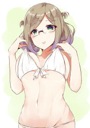 Rule 34 | 10s, 1girl, alternate costume, bikini, blush, bow, breasts, brown hair, closed mouth, collarbone, embarrassed, eyebrows, from below, front-tie bikini top, front-tie top, glasses, green background, green eyes, kantai collection, katori (kancolle), large breasts, looking at viewer, looking down, minari (haib), navel, pink lips, pulled by self, rimless eyewear, short hair, simple background, solo, stomach, strap pull, swimsuit, two side up, underboob, white bikini, white bow