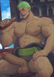 Rule 34 | 1boy, abs, alcohol, artist name, bar (place), bara, belt, biceps, black eyes, blush, cloud, cloudy sky, covered erect nipples, cup, drinking glass, drunk, earrings, erection, f con, feet out of frame, green hair, hand on own hip, highres, huge penis, japanese clothes, jewelry, kimono, large pectorals, looking at viewer, male focus, manly, mature male, muscular, muscular male, nipples, one eye closed, one piece, open clothes, open kimono, pectorals, penis, precum, roronoa zoro, scar, scar on chest, scar on face, short hair, signature, sky, smile, solo, spiked hair, spread legs, squeans, stud earrings, teeth, testicles, thick arms, thick eyebrows, thick thighs, thighs, tongue, tongue out, topless male, veins, veiny penis, wine, wine glass, yukata