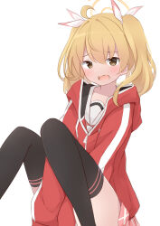 Rule 34 | 1girl, absurdres, arms between legs, black thighhighs, blonde hair, blue archive, blush, brown eyes, commentary, double-parted bangs, feet out of frame, hair between eyes, halo, highres, hood, hood down, hooded jacket, jacket, long hair, long sleeves, looking at viewer, open mouth, pink skirt, red jacket, simple background, skirt, solo, thighhighs, track jacket, tsukimi (rivia), twintails, white background, yoshimi (blue archive)