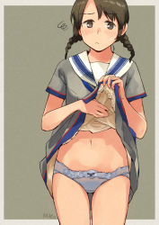 Rule 34 | 1girl, black eyes, blue panties, blush, braid, brown hair, c2 kikan, closed mouth, clothes lift, dress, dress lift, frown, lifting own clothes, makio (makiomeigenbot), navel, panties, sai-chan, sailor collar, sailor dress, signature, simple background, solo, squiggle, sweat, twin braids, two-tone background, underwear