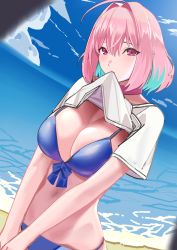 Rule 34 | 1girl, absurdres, ahoge, bikini, bikini under clothes, blue bikini, blue hair, blue ribbon, blue sky, breasts, choker, cleavage, clothes in mouth, clothes lift, cloud, day, dutch angle, front-tie bikini top, front-tie top, hair intakes, highres, horizon, idolmaster, idolmaster cinderella girls, kujuu shikuro, large breasts, lifting own clothes, looking at viewer, mouth hold, multicolored hair, navel, ocean, outdoors, pink choker, pink hair, purple eyes, ribbon, shirt, shirt in mouth, shirt lift, short hair, short sleeves, sky, solo, stomach, swimsuit, two-tone hair, v arms, water, white shirt, yumemi riamu