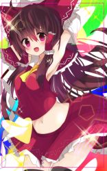 Rule 34 | 1girl, :d, absurdres, armpits, arms up, ascot, beamed quavers, blush, breasts, brown hair, crop top, crop top overhang, detached sleeves, fang, gohei, hakurei reimu, heart, highres, lens flare, long hair, looking at viewer, medium breasts, midriff, miniskirt, musical note, navel, open mouth, purple eyes, quaver, skirt, smile, solo, sparkle, staff (music), te toga, thighhighs, touhou, zettai ryouiki