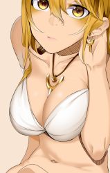 Rule 34 | 1girl, bad id, bad pixiv id, bare shoulders, beige background, between breasts, blonde hair, breasts, cleavage, closed mouth, collarbone, doko tetora, earrings, hair between eyes, hand in own hair, hand on own head, jewelry, large breasts, long hair, navel, original, pendant, simple background, solo, stomach, upper body, yellow eyes
