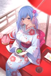 Rule 34 | 1girl, absurdres, blue eyes, blue flower, blue hair, blue kimono, blush, breasts, closed mouth, coin purse, commentary, cup, day, emori miku, feet out of frame, floral print, flower, from above, green tea, hair bun, hair flower, hair ornament, highres, holding, holding cup, japanese clothes, kagachi saku, kimono, large breasts, liver city, long hair, long sleeves, looking at viewer, miko (royal milk), obi, outdoors, pink flower, pink sash, print kimono, railing, sash, second-party source, sitting, smile, solo, sunlight, symbol-only commentary, tea, umbrella, very long hair, white flower, wide sleeves