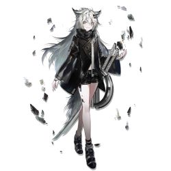 Rule 34 | 1girl, animal ear fluff, animal ears, ankle boots, arknights, black coat, black hair, black nails, black shorts, boots, breasts, closed mouth, coat, eyeshadow, fox ears, fox tail, full body, gloves, grey eyes, grey hair, hair between eyes, hair ornament, hairclip, hand up, high collar, huanxiang heitu, jacket, lappland (arknights), long hair, looking at viewer, makeup, material growth, messy hair, multicolored hair, multiple swords, nail polish, official art, oripathy lesion (arknights), scar, scar across eye, scar on face, shorts, sidelocks, smile, solo, tachi-e, tail, transparent background, very long hair, wide sleeves, wolf ears, wolf tail