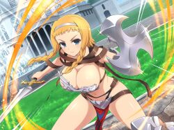 Rule 34 | 1girl, architecture, armor, armored boots, battle, belt, bikini armor, black panties, blonde hair, blue eyes, boots, braid, breastplate, breasts, broken, broken armor, buckle, cleavage, cobblestone, crossover, day, exiled warrior leina, fighting stance, fountain, gauntlets, grass, greaves, hairband, holding, holding shield, holding sword, holding weapon, large breasts, leina (queen&#039;s blade), leina (queen's blade), loincloth, looking at viewer, mansion, motion lines, navel, official art, outdoors, panties, pillar, queen&#039;s blade, revealing clothes, senran kagura, senran kagura new link, shield, shiny skin, short hair with long locks, single gauntlet, solo, sparkle, sword, third-party source, torn clothes, twin braids, underwear, v-shaped eyebrows, water, weapon, window, yaegashi nan