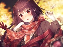 Rule 34 | 1girl, adjusting scarf, artist name, blazer, blurry, blush, bokeh, breasts, brown coat, character doll, coat, depth of field, embarrassed, girls&#039; frontline, gloves, hair ribbon, half updo, jacket, kalina (girls&#039; frontline), large breasts, long hair, long sleeves, looking at viewer, necktie, official alternate costume, one side up, open clothes, open coat, open mouth, purple hair, red eyes, red necktie, ribbon, rosuuri, scarf, shirt, snowflake print, solo, very long hair, wa2000 (girls&#039; frontline)