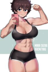 Rule 34 | 1girl, abs, amogan, arms up, black hair, black shorts, black sports bra, blue eyes, breasts, brown hair, cellphone, cleavage, clenched hand, commentary, commission, dark skin, flexing, girls und panzer, highres, holding, holding phone, large breasts, looking at viewer, muscular, muscular female, navel, one eye closed, open mouth, phone, pixie cut, pixiv commission, selfie, short hair, short shorts, shorts, simple background, smartphone, solo, sports bra, steaming body, suzuki (girls und panzer), sweat, tan, white background