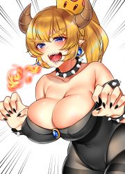 Rule 34 | 1girl, absurdres, areola slip, armlet, black nails, black pantyhose, blonde hair, blue eyes, bowser, bowsette, bracelet, breasts, breath weapon, breathing fire, bursting breasts, cleavage, collar, cowboy shot, crown, emphasis lines, fingernails, fire, from side, genderswap, genderswap (mtf), hair between eyes, highres, horns, jewelry, large breasts, leotard, long fingernails, long hair, looking at viewer, mario (series), nail polish, new super mario bros. u deluxe, nintendo, pantyhose, pointy ears, ponytail, sharp teeth, simple background, solo, spiked armlet, spiked bracelet, spiked collar, spikes, standing, super crown, teeth, thick eyebrows, v-shaped eyebrows, white background