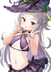 Rule 34 | 1girl, absurdres, bikini, black choker, blunt bangs, blush, breasts, choker, cowboy shot, criss-cross halter, double v, eyelashes, green eyes, grey hair, hair bun, halterneck, hands up, hat, highres, hololive, long hair, looking at viewer, murasaki shion, murasaki shion (hololive summer 2019), nail polish, navel, official alternate costume, otokucha, pentagram necklace, pleated skirt, purple bikini, purple nails, shadow, sideboob, sidelocks, simple background, skirt, small breasts, solo, stomach, swimsuit, tongue, tongue out, v, virtual youtuber, white background, witch hat
