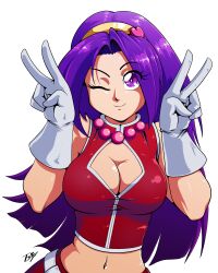 Rule 34 | 1girl, absurdres, asamiya athena, breasts, cleavage, cleavage cutout, clothing cutout, double v, gloves, highres, large breasts, long hair, looking at viewer, midriff, navel, one eye closed, psycho soldier, purple eyes, purple hair, skirt, smile, snk, solo, tedbob84, the king of fighters, the king of fighters 2003, v, wink