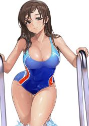 Rule 34 | 10s, 1girl, absurdres, ameyame, blush, breasts, brown eyes, brown hair, cleavage, competition swimsuit, female focus, highres, idolmaster, idolmaster cinderella girls, idolmaster cinderella girls starlight stage, large breasts, long hair, nitta minami, one-piece swimsuit, pool ladder, simple background, smile, solo, swimsuit, wet, white background, wide hips