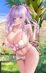 Rule 34 | 1girl, absurdres, azur lane, bare shoulders, beach, bikini, blush, bow, bow bikini, breasts, cameltoe, cleavage, cup, day, drinking glass, finger in own mouth, finger sucking, food, gintokyhenry, glass, hair between eyes, highres, huge breasts, light purple hair, looking at viewer, navel, ocean, on table, out of frame, outdoors, pink bow, pink nails, pink ribbon, plymouth (azur lane), plymouth (heart-throbbing refreshment) (azur lane), popsicle, purple eyes, ribbon, sand, shore, simple background, solo, swimsuit, table, water, white background, white bikini