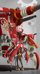 Rule 34 | 1girl, absurdres, adeptus mechanicus, animal ears, artificial eye, blue eyes, boots, breasts, cat ears, commentary, dated, detached sleeves, english commentary, full body, green eyes, grey background, grey hair, halberd, heterochromia, high heel boots, high heels, highleg, highleg leotard, highres, hood, hood down, knee boots, large breasts, leotard, looking at viewer, mecha, mechanical eye, military, military vehicle, motor vehicle, non-humanoid robot, polearm, prosthesis, prosthetic arm, regia-marina, robot, signature, smile, tank, techpriest, thighhighs, vial, warhammer 40k, weapon, wide sleeves