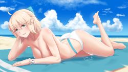 Rule 34 | 1girl, :d, absurdres, ahoge, barefoot, beach, bikini, bikini bottom only, blonde hair, blue bow, blue sky, bow, bracelet, breasts, cleavage, cloud, collarbone, day, fate/grand order, fate (series), green eyes, hair between eyes, hair bow, hand in own hair, highres, jewelry, looking at viewer, lying, medium breasts, medium hair, ocean, okita j. souji (fate), okita j. souji (third ascension) (fate), okita souji (fate), okita souji (koha-ace), on stomach, open mouth, outdoors, shiny skin, sky, smile, soles, solo, swimsuit, tacochu, the pose, topless, white bikini