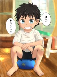 Rule 34 | 1boy, aota x, bandaid, bandaid on knee, bandaid on leg, barefoot, bird, black hair, black shorts, blue eyes, blush, child, clenched teeth, crossed arms, eyebrows, eyelashes, feet, happy, highres, indoors, japanese text, knees, looking at viewer, male focus, original, shadow, shirt, short sleeves, shorts, sitting, smile, solo, solo focus, speech bubble, spiked hair, teeth, translation request, white shirt, window, wooden floor, aged down