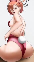 Rule 34 | ass, blue archive, breasts, highres, looking at viewer, looking back, mole, mole under eye, neru (blue archive), neru (bunny) (blue archive), nipple slip, nipples, piercing, poketune, rabbit ears, rabbit tail, red eyes, red hair, sitting, small breasts