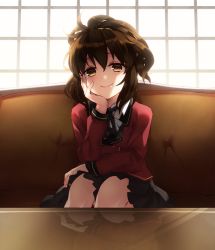 Rule 34 | 1girl, ascot, backlighting, bad id, bad pixiv id, blouse, brown hair, couch, hand on own face, isolda gaillard, missing stars, red shirt, reflection, school uniform, shirt, shiyun, skirt, smile, table, window