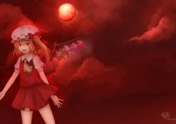 Rule 34 | 1girl, ascot, bad id, bad pixiv id, blonde hair, fang, female focus, flandre scarlet, full moon, hat, moon, open mouth, red eyes, red moon, red sky, red theme, short hair, side ponytail, sky, smile, solo, embodiment of scarlet devil, touhou, wings, zinczinc ka