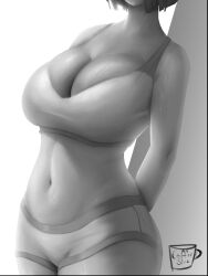 Rule 34 | 1girl, arms behind back, breasts, cleavage, coffeeslice, female focus, head out of frame, highres, large breasts, monochrome, navel, shiny skin, short hair, short shorts, shorts, solo, sweat, thick thighs, thighs, white background