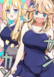 Rule 34 | 2girls, animal ears, blonde hair, blue eyes, blue hair, blue one-piece swimsuit, bow, breasts, commentary request, cooking pot, cowboy shot, ear bow, ear ornament, gold city (umamusume), gradient hair, hair between eyes, highres, holding, holding cooking pot, holding ladle, horse ears, horse girl, ladle, large breasts, multicolored hair, multiple girls, neo universe (umamusume), one-piece swimsuit, open mouth, streaked hair, surprised, swimsuit, tracen swimsuit, umamusume, wahiko (black bastard)