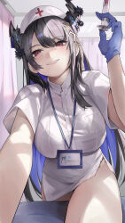 Rule 34 | 1girl, absurdres, asymmetrical horns, black hair, blue hair, blush, breasts, colored inner hair, demon horns, gloves, hair ornament, hat, highres, holding, holding needle, hololive, hololive english, horns, kouhiipan, large breasts, long hair, looking at viewer, mole, mole under eye, multicolored hair, needle, nerissa ravencroft, nurse, nurse cap, red eyes, smile, solo, two-tone hair, uneven horns, very long hair, virtual youtuber