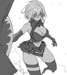 Rule 34 | 10mo, 1girl, armor, armored dress, bare shoulders, breasts, cleavage cutout, clothing cutout, dress, elbow gloves, fate/grand order, fate (series), gloves, greyscale, hair over one eye, highres, large breasts, looking at viewer, mash kyrielight, monochrome, shield, short dress, short hair, thigh strap, thighhighs, thighs