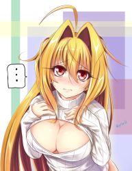 Rule 34 | ..., 1girl, ahoge, blonde hair, blush, breasts, cleavage, cleavage cutout, clothing cutout, embarrassed, hair intakes, highres, large breasts, long hair, looking at viewer, meme attire, miyabi urumi, open-chest sweater, original, red eyes, solo, sweater, turtleneck
