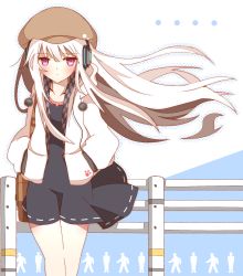 Rule 34 | 1girl, albino, bag, black dress, blush, brown hat, closed mouth, collarbone, commentary request, dress, hands in pockets, hat, headphones, highres, hood, hoodie, long hair, non (wednesday-classic), original, paw print, purple eyes, railing, shoulder bag, white hair, wind