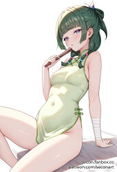 Rule 34 | 1girl, bandages, bare shoulders, blue eyes, blunt bangs, breasts, china dress, chinese clothes, commentary, commission, dress, english commentary, folding fan, green dress, green hair, hand fan, highres, holding, holding fan, kusuriya no hitorigoto, long hair, looking at viewer, maomao (kusuriya no hitorigoto), parted lips, secon, simple background, sitting, sleeveless, sleeveless dress, small breasts, solo, thighs, white background, wrist wrap