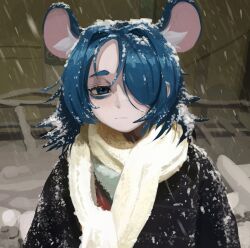 Rule 34 | 1girl, animal ears, black coat, blizzard, blue eyes, blue hair, closed mouth, coat, cold, facepaint, hair over one eye, highres, husbant (meme), light frown, long sleeves, looking at viewer, medium hair, meme, mouse ears, mouse girl, original, pale skin, parasoru buruu, parted bangs, scarf, snow, snow on body, snow on head, snowing, solo, upper body, white scarf, winter, winter clothes, winter coat