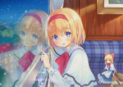 Rule 34 | 1girl, against window, alice margatroid, apron, bad id, bad pixiv id, blonde hair, blue eyes, blush, capelet, condensation, couch, curtains, drawing, glass writing, hair ribbon, hairband, heart, indoors, living room, long sleeves, looking at viewer, mirei, night, painting (object), parted lips, red ribbon, reflection, ribbon, shanghai doll, smile, snowing, solo, suitcase, touhou, train, train interior, waist apron, window