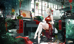 Rule 34 | 1girl, alternate hairstyle, animal ear fluff, animal ears, anklet, aquarium, arknights, bad id, bad pixiv id, banner, bare shoulders, basket, bell, blush, book, breasts, cat, cat ears, china dress, chinese clothes, chopsticks, cleavage, cleavage cutout, closed mouth, clothing cutout, crossed legs, desk, desk lamp, double bun, dress, food, fruit, full body, fur shawl, garter straps, globe, green eyes, hair bell, hair bun, hair ornament, hair ribbon, holding, holding chopsticks, holding plate, indoors, jewelry, jingle bell, kal&#039;tsit (arknights), ladder, lamp, large breasts, looking at viewer, monitor, omone hokoma agm, plant, plate, potted plant, red dress, red ribbon, ribbon, shawl, shelf, short hair, silver hair, sitting, sleeveless, sleeveless dress, smile, solo, thighhighs, thighs, translation request, white thighhighs, window, wristband, zzz