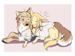 Rule 34 | animal, animal focus, animalization, artist name, blonde hair, book, braid, closed eyes, clothed animal, commentary request, dog, dungeon meshi, full body, holding, holding book, laios touden, long hair, long sleeves, looking at another, lying, marcille donato, no humans, one eye closed, pink background, short hair, simple background, sleeping, tsukune (budodesu), twin braids, very short hair, yellow eyes, zzz