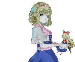 Rule 34 | alice margatroid, blonde hair, blue dress, blue eyes, capelet, closed mouth, doll, dress, frills, hairband, highres, lolita hairband, looking at viewer, sano naoi, shanghai doll, short hair, short sleeves, simple background, touhou, upper body