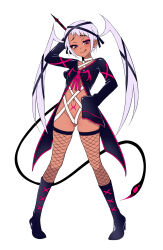 Rule 34 | 1girl, arm up, black footwear, black ribbon, blush, dark skin, fishnets, full body, gluteal fold, hair ribbon, highres, holding, holding whip, licking lips, looking at viewer, pink eyes, pubic tattoo, ribbon, sleeves past fingers, sleeves past wrists, standing, sukumo (kemutai), tan, tattoo, thighhighs, tongue, tongue out, twintails, white background, white ribbon