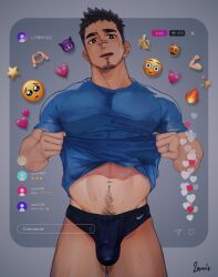 Rule 34 | 1boy, absurdres, banana emoji, bandaid, bandaid on face, bandaid on nose, bara, black hair, black male underwear, blue skirt, briefs, bright pupils, clothes lift, covered penis, demon emoji, emoji, facial hair, feet out of frame, flaccid, goatee, head tilt, heart, heart emoji, heart hands, highres, jewelry, large pectorals, lifted by self, livestream, long sideburns, looking at viewer, louis tjxx, male focus, male underwear, muscular, muscular male, navel, navel hair, nike (company), original, pectorals, pleading face emoji, ring, shirt, shirt lift, short hair, sideburns, skirt, solo, standing, sweat, t-shirt, thick eyebrows, underwear, undressing
