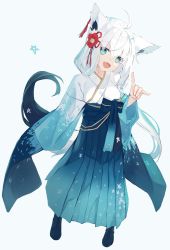Rule 34 | 1girl, :d, ahoge, animal ears, aqua eyes, aqua hair, black footwear, blue hakama, boots, breasts, commentary, cross-laced footwear, earrings, fang, flower, fox ears, fox shadow puppet, fox tail, full body, grey background, hair between eyes, hair flower, hair ornament, hakama, hakama skirt, highres, hololive, japanese clothes, jewelry, kimono, long hair, long skirt, looking at viewer, medium breasts, multicolored hair, nagishiro mito, official alternate costume, open mouth, pleated skirt, ponytail, shirakami fubuki, shirakami fubuki (new year), silver hair, simple background, skirt, smile, solo, standing, star (symbol), streaked hair, tail, tassel, tassel earrings, two-tone hair, virtual youtuber, white kimono, wide sleeves