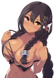 Rule 34 | 1girl, azur lane, bare shoulders, black hair, blush, braid, breasts, brown eyes, cleavage, closed mouth, commentary request, crop top, dark-skinned female, dark skin, feather hair ornament, feathers, hair between eyes, hair censor, hair ornament, hair over breasts, head tilt, hori (hori no su), large breasts, long hair, looking at viewer, native american, navel, simple background, solo, south dakota (azur lane), white background