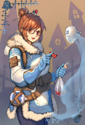 Rule 34 | 1girl, artist request, beads, belt, belt pouch, black-framed eyewear, blizzard (company), blue gloves, blue legwear, breasts, brown eyes, brown hair, candy, canteen, coat, cowboy shot, drone, eyebrows, floating, food, fur-trimmed jacket, fur coat, fur trim, glasses, gloves, hair bun, hair ornament, hair stick, halloween, hand up, harness, highres, holding, jacket, long sleeves, machinery, makeup, mao wan, matching hair/eyes, mei (overwatch), open mouth, overwatch, overwatch 1, parka, pink lips, pouch, robot, short hair, sidelocks, single hair bun, smile, snow, snowball (overwatch), snowflake hair ornament, solo, strap, swept bangs, teeth, utility belt, winter clothes, winter coat