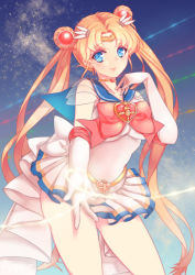 Rule 34 | 1990s (style), 1girl, bishoujo senshi sailor moon, bishoujo senshi sailor moon s, blonde hair, blue background, blue eyes, blue sailor collar, bow, brooch, choker, double bun, earrings, elbow gloves, gloves, hair bun, hair ornament, hairpin, heart, heart brooch, highres, jewelry, long hair, magical girl, mkiiiiii, multicolored clothes, multicolored skirt, outstretched hand, pleated skirt, red bow, retro artstyle, ribbon, sailor collar, sailor moon, skirt, smile, solo, super sailor moon, tiara, tsukino usagi, twintails, white gloves