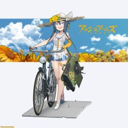 Rule 34 | 1girl, :d, absurdres, aosora kamiya, ash arms, bare shoulders, bicycle, black hair, blue eyes, bow, breasts, brown hat, collarbone, collared dress, commentary request, dress, elbow gloves, flower, gloves, hair between eyes, hat, hat bow, hat flower, highres, long hair, looking at viewer, open mouth, orange gloves, shoes, single glove, sleeveless, sleeveless dress, small breasts, smile, solo, straw hat, sunflower, teeth, upper teeth only, very long hair, white bow, white dress, white footwear, yellow flower, yer-2