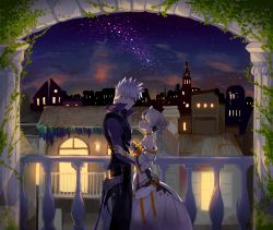 Rule 34 | 1boy, 1girl, add (elsword), bad id, bad pixiv id, black pants, bracelet, couple, dress, earrings, elsword, eve (elsword), eye contact, from side, highres, jewelry, long hair, looking at another, looking up, night, outdoors, pants, silver hair, sky, spiked hair, star (sky), starry sky, strapless, strapless dress, white dress, yellow eyes