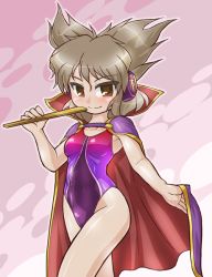 Rule 34 | 1girl, armpits, bare arms, blush, breasts, brown eyes, brown hair, cape, capelet, closed mouth, collarbone, commentary request, competition swimsuit, covered navel, cowboy shot, earmuffs, hair between eyes, hand up, highleg, highleg swimsuit, holding, looking at viewer, multicolored clothes, multicolored swimsuit, one-piece swimsuit, pointy hair, purple one-piece swimsuit, red cape, ritual baton, shiny clothes, shiny skin, short hair, small breasts, smile, solo, standing, swimsuit, touhou, toyosatomimi no miko, tsurime, winn