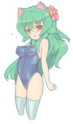 Rule 34 | 1girl, animal ears, bad id, bad pixiv id, blade (galaxist), blush, breasts, cat ears, covered erect nipples, cowboy shot, creatures (company), cropped legs, flower, game freak, gen 1 pokemon, green hair, hair flower, hair ornament, large breasts, nintendo, orange eyes, personification, pokemon, simple background, solo, swimsuit, thighhighs, venusaur, white background