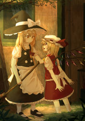 Rule 34 | 2girls, absurdres, ankle socks, apron, arm up, arms behind back, ascot, black footwear, black headwear, black skirt, black vest, blonde hair, braid, broom, commentary, commentary request, door, ekaapetto, english commentary, eye contact, flandre scarlet, hair ribbon, hand on another&#039;s shoulder, hat, hat ribbon, highres, holding, holding broom, house, kirisame marisa, long hair, looking at another, mary janes, mixed-language commentary, mob cap, multiple girls, one side up, outdoors, puffy short sleeves, puffy sleeves, red eyes, red skirt, red vest, ribbon, shirt, shoes, short hair, short sleeves, sideways mouth, single braid, skirt, smile, socks, standing, touhou, tress ribbon, very long hair, vest, waist apron, white headwear, white legwear, white shirt, window, wings, witch hat, yellow ascot, yellow eyes