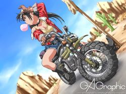 Rule 34 | 1girl, black hair, boots, breasts, blowing bubbles, cactus, chewing gum, cleavage, cutoffs, denim, denim shorts, desert, dirtbike, gagraphic, goggles, happoubi jin, medium breasts, motor vehicle, motorcycle, shorts, solo, vehicle, wallpaper