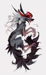 Rule 34 | animal ears, animal feet, black fur, black tail, claws, from side, full body, grey fur, hair over eyes, hat, highres, kamikiririp, monster, no humans, open mouth, original, red hat, sharp teeth, solo, teeth, top hat, white background, white hair